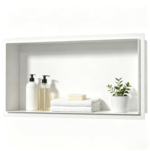 Bernkot Doccia in acciaio inox bianco 60 cm × 30 cm × 10 cm Nessuna piastrella necessaria Doccia a nicchia per la conservazione del bagno, senza bordi, montaggio a filo