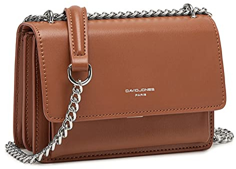 David Jones - Damen Kleine Umhängetasche - Crossbody Bag PU Leder Frau - Ketten Handtasche Mini Tasche Klappe - Elegante Schultertasche Mode Abendtasche - Alltag Reise Schick Stilvoll - Cognac Braun