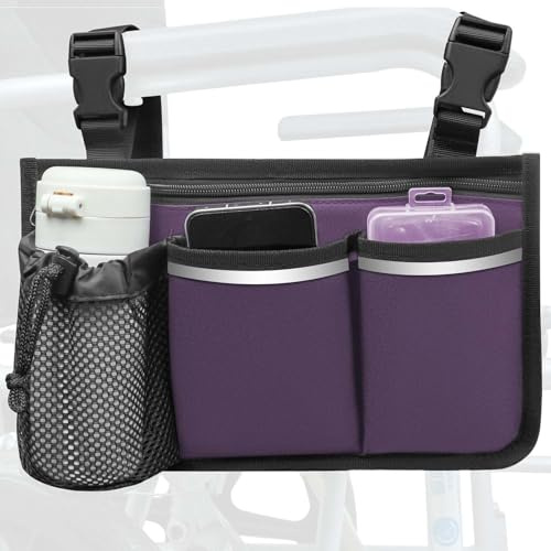 SHIFANQI Purple Wheelchair Bag, Walker Bag, Armrest Organizer Pouch with Cup Holder, Accessories for Most Wheelchairs, Walkers