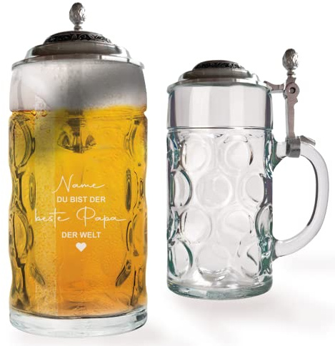 GRAVURMACHER® Bierkrug mit Gravur und Zinndeckel - Bierseidel Isar 0,5l mit Zinndeckel - Bierkrug als Vatertagsgeschenks - Geburtstagsgeschenk für Mann (Vatertag Motiv 08)