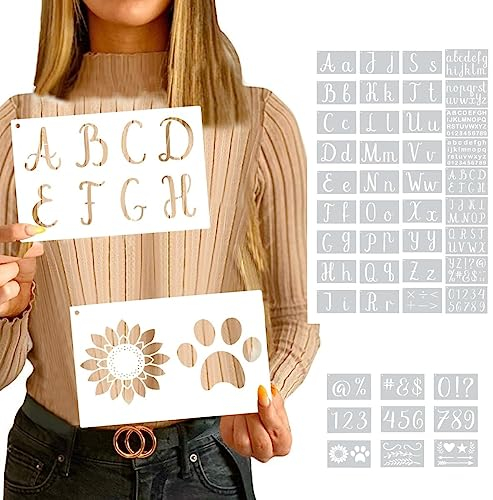 Kleemeiero 45 Stück Schablone Buchstaben Malschablonen PET Kunststoff Zeichenschablonen Buchstaben Stencil Stanzschablone ABC Alphabet Schablonen Zahlenschablonen für Kinder DIY Malerei (2 Größen)