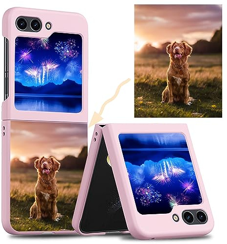 CAXKJE Black Personalised Photo Phone Case for Samsung Galaxy Z Flip 5 (6.70 inch),Design Your Own Photo Image,Text Phone Case,PC Bumper Slim Cover Case,Personalised Case - Pink