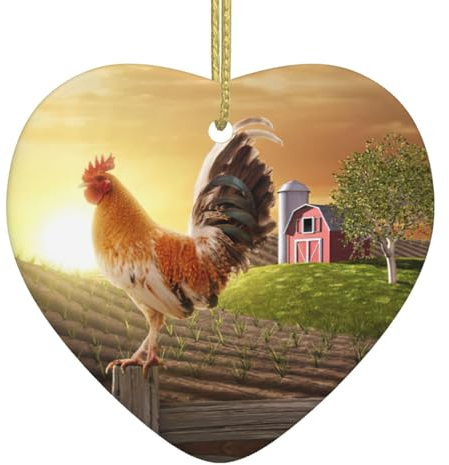 Herzförmige Keramik-Hängeornamente für Weihnachten, ideal zum Aufhängen, Weihnachtsbaumschmuck, Geschenk, Huhn-Hahn