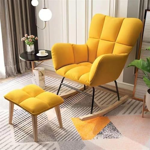 AMAZWI Moderner Gepolsterter Schaukelstuhl mit Hoher Rückenlehne, Stoffschaukelstuhl Mit Fußhocker Sessel-Loungesessel Im Wohnzimmer-Schlafzimmer-Loungebereich (Color : Yellow)