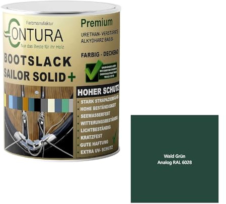 Contura Bootslack Farbig SEIDENMATT Yacht- Buntlack Metall Holz GFK Holzlack Boot Farblos (Wald Grün - RAL 6028 Analog, 1 Liter)