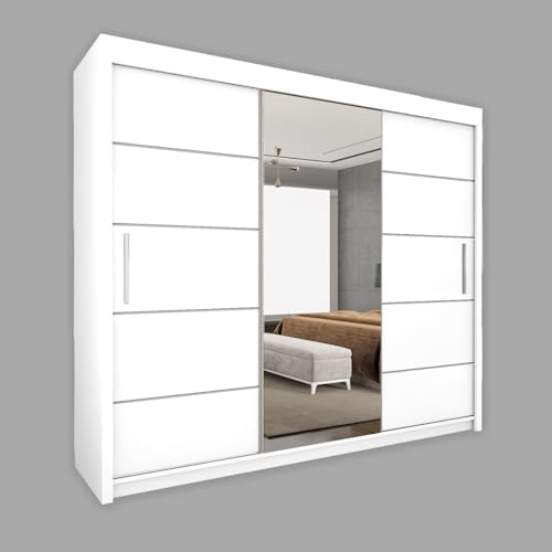 Style Heaven Modern Sliding Door Wardrobe for Bedroom,Matt Finish,3 Mirrored Sliding Doors wardrobes 6 Adjustable Shelves & 2Hanging Rail,made of MDF Chipboard,3 Drawers Vision(250cm White)