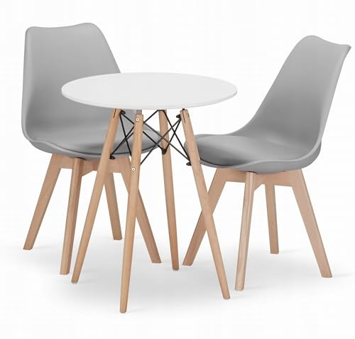 NMK HOME Essgruppe Esstisch Rund Ф 60 cm mit 2 Graue Stühlen - Esszimmerstühle 2er Set mit einem Kissen aus Kunstleder und Buchenholzbeinen