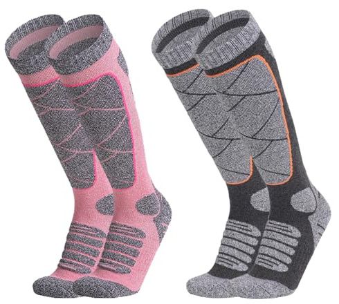 EOAMGO Skisocken für Damen, 37-40, Thermo-Skisocken, Snowboard-Ski-Socken, 2 Paar, langer Schlauch, Winter, dick, warm, kniehohe Stiefelsocken für Spaziergänge, Wandern, Skifahren, Ski-Geschenke,