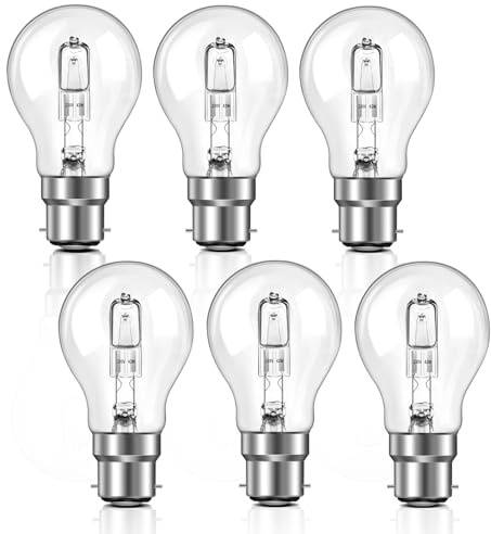 B22 Bayonet Light Bulb 42W Dimmable, Globe A55 B22d BC Bayonet Classic Clear Light Bulb, Warm White 2700K, 650LM, B22 GLS Clear Bulb for Chandelier, Ceiling Light Bulb, Pack of 6