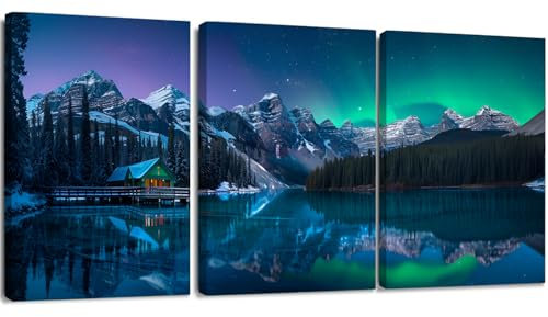 3 Pieces Canvas Wall Art Prints, Modern Picture Framed Aurora Artwork Paintings, Wooden Frame Canvas Wall Art, Natural Landscape Pictures Print on Canvas Framed Modern Artwork for Wall Decorations