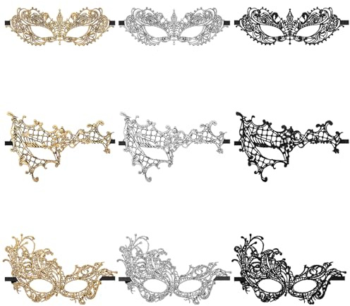 oruola 9 Stück Spitze Maskenball Maskes, Venezianische Maske, Masken Ball, Spitze Maske Gesicht Verkleidung, 3 Formen Maskenball Masken für Damen und Herren, Abschlussball, Karneval, Karneval