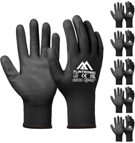 flintronic 6 par arbetshandskar, nylon arbetshandskar för män och kvinnor, belagda trädgårdshandskar, med PU-beläggning, halkfria handskar, för byggnadsarbetare, mekaniker, svart 9/L