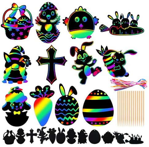 Oster-Bastelarbeiten, 48 Stück, magisches Regenbogen-Kratzpapier-Set, Osteraktivitäten für Kinder, Osterhasen-Ei, Kratzkunst für Ostern, Party, Geschenke, Eierkorb-Füllungen