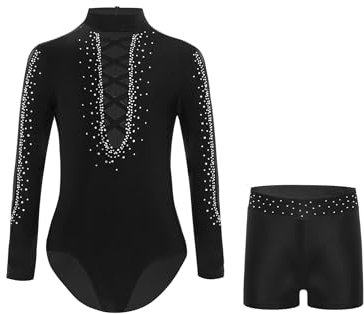 Yruioon Kinder Jungen Turnanzug Glitzer Gymnastikanzug mit Shorts Langarm Ballettanzug Ballett Trikot Leotard Turnbody Wettbewerb Tanzkostüm Schwarz 158-164