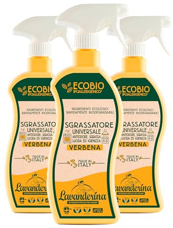 Lavanderina, Sgrassatore Universale Multisuperficie alla Verbena, 650 ml x 3 Pack, Sgrassatore Ecologico per Acciaio Inox, Piani Cottura e Forni