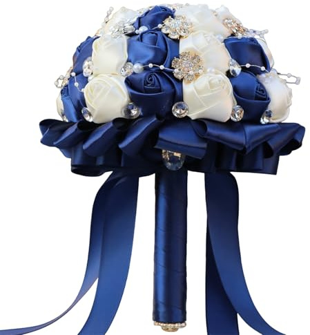 SHINROAD Bouquet di fiori artificiali colorati in raso per sposa con strass perle finte fatto a mano elegante damigella d'onore, Nastro di raso, Pietra secondaria