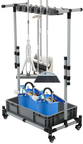 Broom and Mop Holder Freestanding Mobile Cleaning Tool Storage Rack,Floor Standing Cleaning Tool Cart Storage for Garden Garage Schools, Hospitals