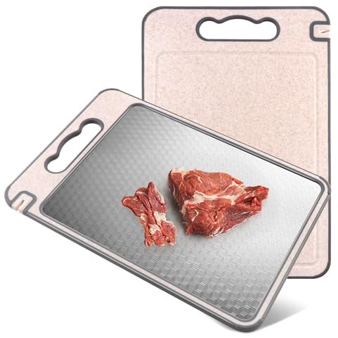 Lacusmall Cutting Board for Kitchen, Double Sided Chopping Boards 304 Stainless Steel & Wheat Straw, Anti-Slip Scratch Resistant Mesh Design, Non-Toxic Food Prep Board for Meats and Veggies