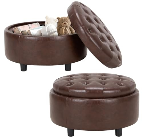 COLAMY Hocker mit Stauraum 2er Set, Modernes Kunstleder Sitzhocker mit Stauraum, Gepolstert Rund Fußhocker Aufbewahrung mit Holzbeinen für Wohnzimmer Schminktisch Schlafzimmer Schlafzi, Braun