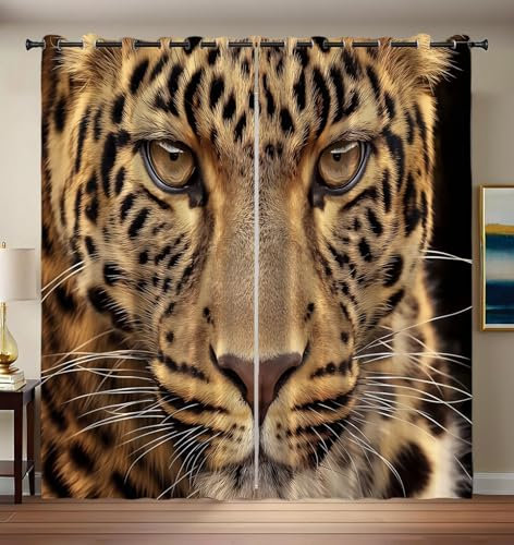 CEDNXOER Verdunklungsvorhänge 2er Set - H 175 x B 140 cm Thermovorhang Hitzeschutz, Tierwelt Vorhang Blickdicht mit Ösen, Leopard Gesicht Lärmschutzvorhang, Gelb Gardinen Jugendzimmer