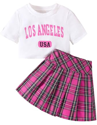 Ensemble Ete Enfant Fille Jupe Plissée à Carreaux et Tee Shirt Manche Courte Vetements Ado Fille Chic Habillée pas Cher Confortable Mignon Soirée Fete Casual Vacances 7-12 ans (White, 7-8 Years)