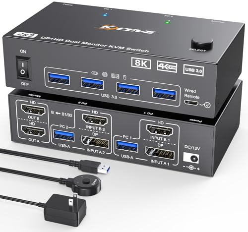 KVM Switch 2 Monitors 2 Computers 8K@60Hz/4K@144Hz, HDMI Displayport KVM Switches for 2 PC Sharing Dual Monitor and Keyboard Mouse with Power Adapter, Wired Extend Controller and USB3.0 Cables