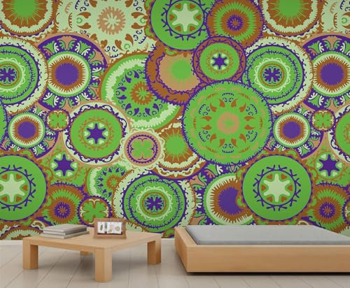 YEMYOR Papier peint géométrique circulaire, motif géométrique rétro vert, motif ethnique, motifs géométriques nordique, pour cuisine, salon, chambre à coucher-150x100cm