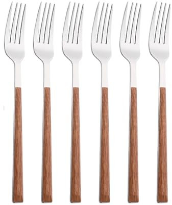 WENYOG Ensemble de Couverts Lot de 6/30 Couverts de Table en Acier Inoxydable avec Manche en Bois Imitation, Couteau, cuillère à café, Fourchette à thé(6Pcs Dinner Fork)