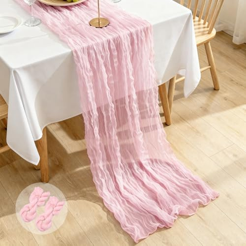 Segus Käsetuch Tischläufer Rosa, 2 Stück 90x300cm Table Runner, Tischläufer Musselin, Waschbar und Wiederverwendbar, für Tischdeko Hochzeit, Geburtstag, Babyparty