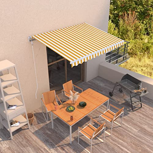 Tenda da Sole Automatica Retrattile 300x250cm, Tessuto Poliestere con Rivestimento PU, Telecomando e Manovella, Giallo e Bianco, per Giardino Balcone Terrazzo