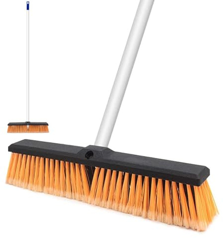 Garden Broom Outdoor, 18IN Yard Brush Heavy Duty Long Handle Garden Brush with Stiff Bristles for Sweeping Garden Garage Factory School Yards Deck Driveways Warehouse Concrete