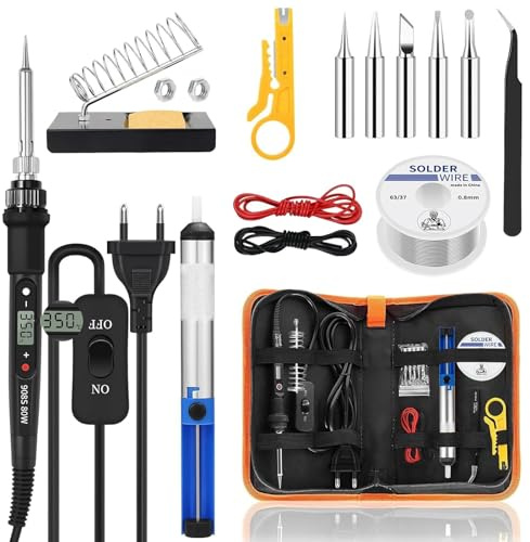 Fer a Souder, Kit soudure electronique 15 en 1 avec interrupteur ON/OFF, Température Réglable 180-500°C, 5 pointes, fil à souder, Support de fer, Pour travaux et réparations électriques