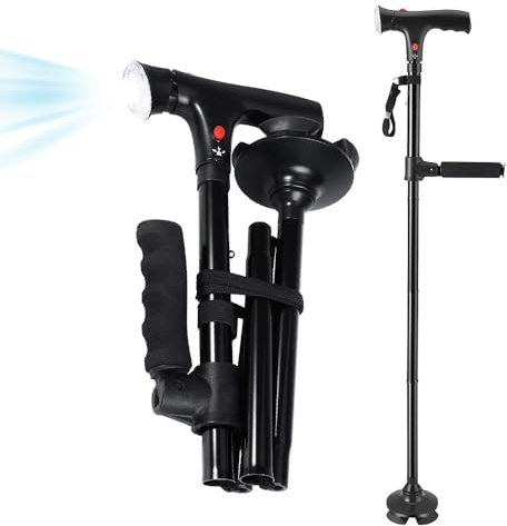 YANGUN Folding Walking Stick, Walking Cane with LED Light and Alarm, Portable Lightweight Folding Cane for Men and Women, Ergonomic Handle Grip Quad Base, Daily use for Elderly Adults