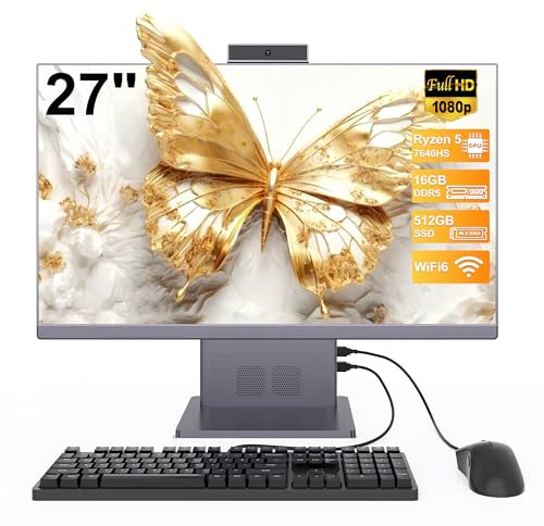 SUKOTOP 27inch All-in-One Computer Ryzen 5 7640HS(up to 5.0GHz) 6 Cores Processor All-in-One PC 16 GB RAM 512 GB SSD with Webcram WiFi6 Bluetooth5.3 Wired Keyboard & Mouse