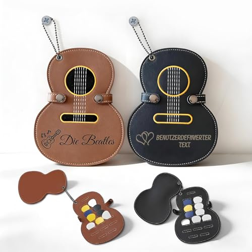 Personalisiertes Gitarrenplektrum-Etui aus Holz mit 3 gravierten Plektren | Anpassbare Mini-Plektrumbox Gravur von Namen oder Design für Gitarristen & Musikgeschenke