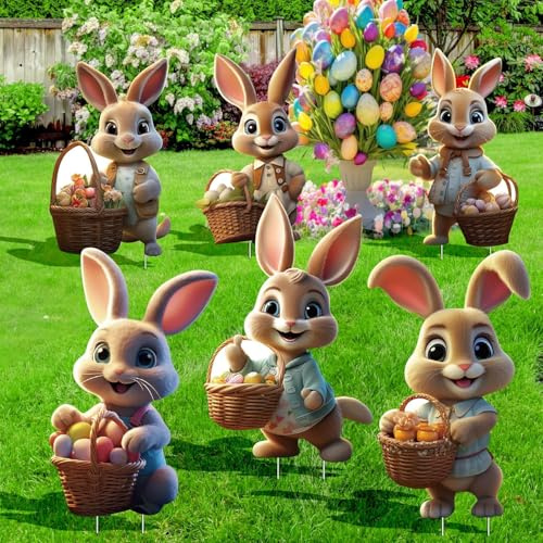 6 Stück Osterhasen Gartenstecker,Ostern Hof Schild,2D Ostern Werbeschilder,Ostern Dekor Hof Zeichen,Gartendeko Osterhasen,Osterhase Gartenstecker wetterfest für Garten Rasen Yard Dekoration