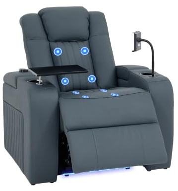 REKLINE Capri Real Leather Electric Recliner Chair – Power Recliner Armchair with Massage, Heat, USB Charger & Cup Holder – Reclining Chair for Living Room, Home Cinema & Sofa Chair (Blue 1 Seater)