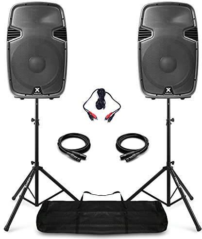 VONYX SPJ-1500A Active DJ PA Speaker System - 1600W Powered 15 Speakers Pair with Adjustable Stands, XLR Cables & Audio Connector for Parties, Mobile DJs & Events