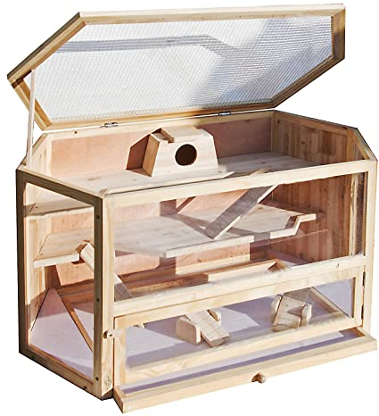 Wiltec XXL 3 Etagen Nagerkäfig, 6-eckig, 1150 x 600 x 580 mm, aus Holz, mit klappbarem Deckel & Sichtfenster, Kleintierhaus Mäusekäfig Hamsterkäfig