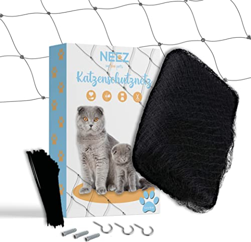 NEEZ Katzennetz für Balkon & Fenster ohne Bohren 2,3 x 10m - Schwarzes robustes Katzenschutznetz inkl. Befestigungsset - Katzen Netz reißfest & wetterfest - Zuschneidbares Netz Balkonschutz für Katzen