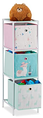 Relaxdays Kinderregal, 3 Boxen, Jungen & Mädchen, Lama-Design, Regal Kinderzimmer, Spielzeug, HBT 89 x 27,5 x 30, bunt