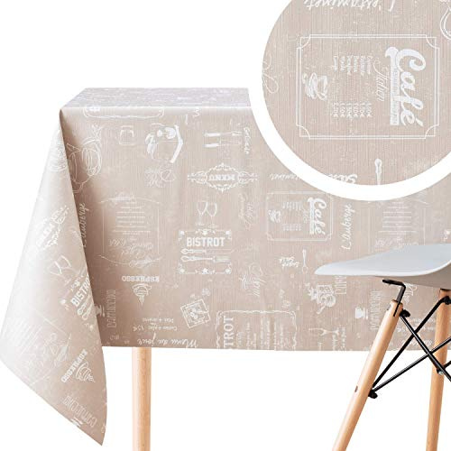 KP HOME Abwischbare PVC Tischdecke Rechteckig 300 x 140 cm, Wasserdichtes Wachstuch, Esstischdecke, Strapazierfähig, Beige mit Weißem Kreidetafel Kaffee Muster, Retro Bistro Tischdecke für 10 Personen