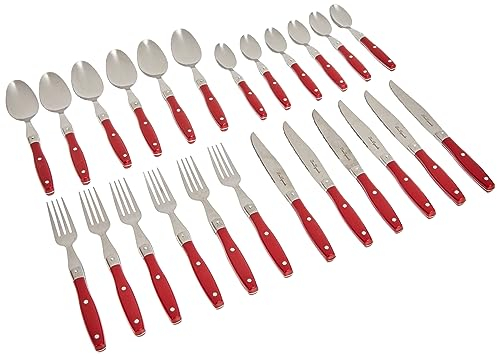 Lou Laguiole Steakbesteck | Steakmesser Set 24-teilig | Besteck für 6 Personen | Rot | Wellenschliff Messer Essbesteck | Besteck Set
