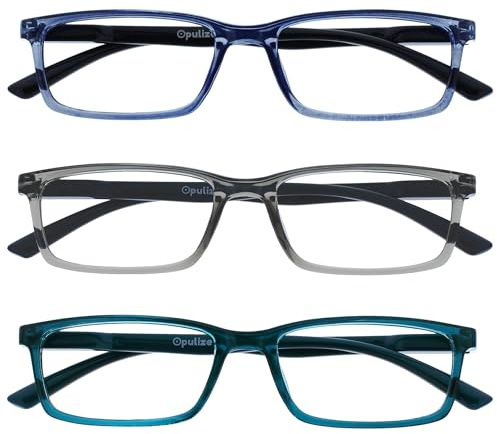 OPULIZE SEE Blaulichtfilter Lesebrille für Damen Herren, Blendfreie UV400-Schutz Federscharnier Anti-Müdigkeit, Rechteckiger Rahmen, Computerbrillen Gaming, 3er-Pack Blau Grau Türkis +1,50