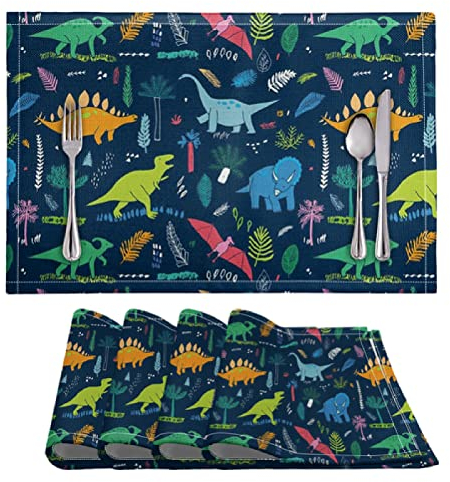 Manteles Individuales Hojas De Dinosaurio Azul Mantel Individual PVC Lavable Salvamanteles Individuales Resistente al Calor Bajoplatos Antideslizante Individuales Mesa 30x45cm 2 Pcs