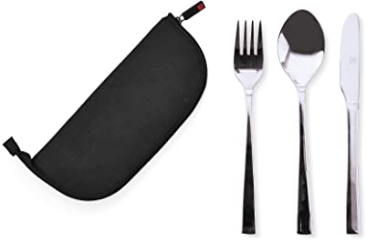 IRIS BARCELONA - Set de Cubiertos con Funda, Porta Cubiertos con Cuchillo, Tenedor y Cuchara en Acero Inox, Negro