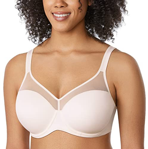 Delimira Women's Full Coverage Lightly Padded Bra Underwire Mesh Support Comfort T Shirt Bra Rose White 34E
