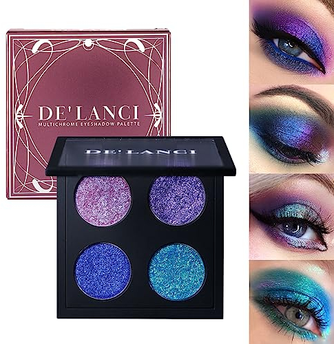 DE'LANCI Multichrome Glitzer Lidschatten Palette,Blau Lila Dunkelgrün Duochrome Chamäleon Creme Lidschattenpalette,Holographische Metallic Glitzer Lidschatten,Chamäleon Lidschatten Glitzer für Mädchen