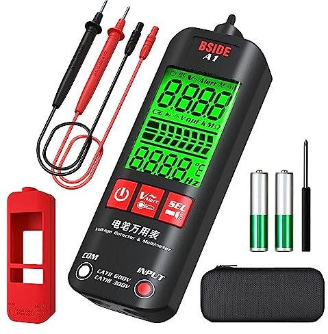 BSIDE A1 Multimetro Digitale Intelligente Mini Tester Completamente Automatico LCD 3 Risultati Rilevatore di Tensione Doppia Sensibilità Tester di Tensione Ohm Continuità con Custodia e Copertura