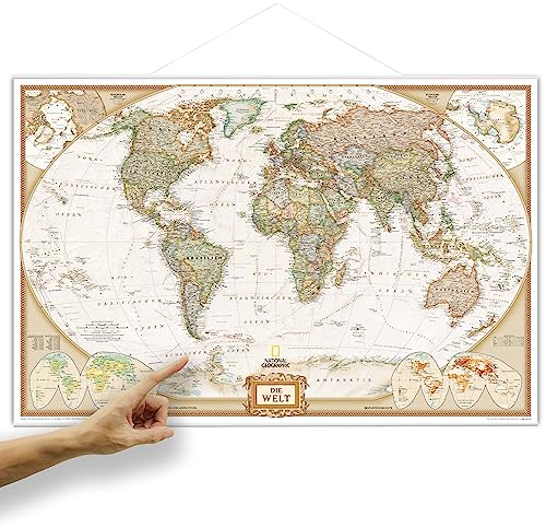 ORBIT Globes & Maps - Weltkarte mit Kartenbild von National Geographic - Poster mit Leisten, Aktuell 2025, 90x60 cm, deutsch, Maßstab 1:46 Mio